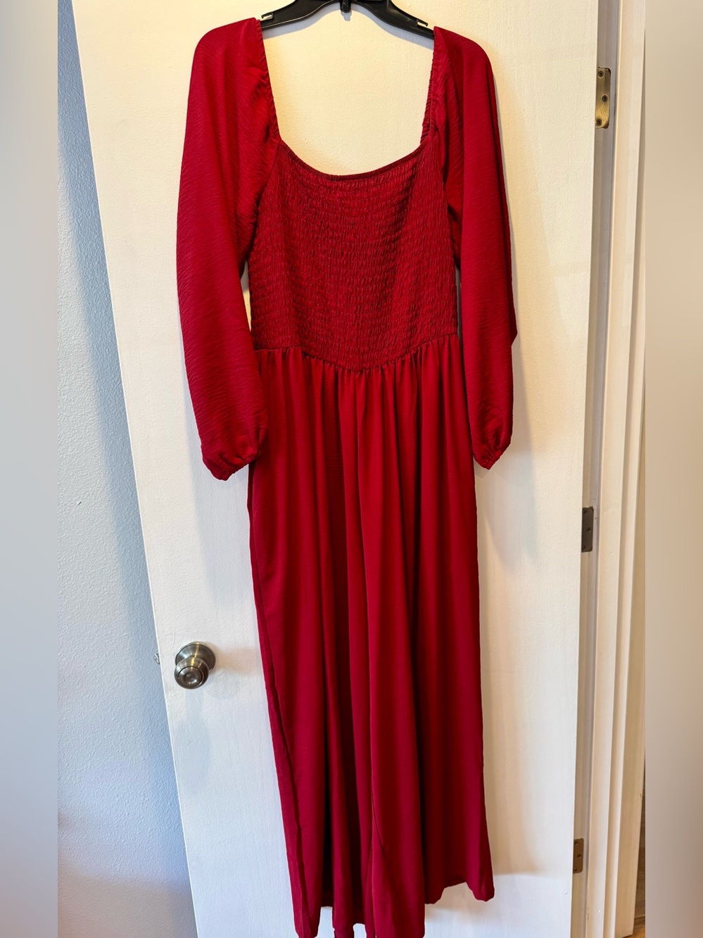 Women’s Red Long Sleeve Smocked Jumpsuit